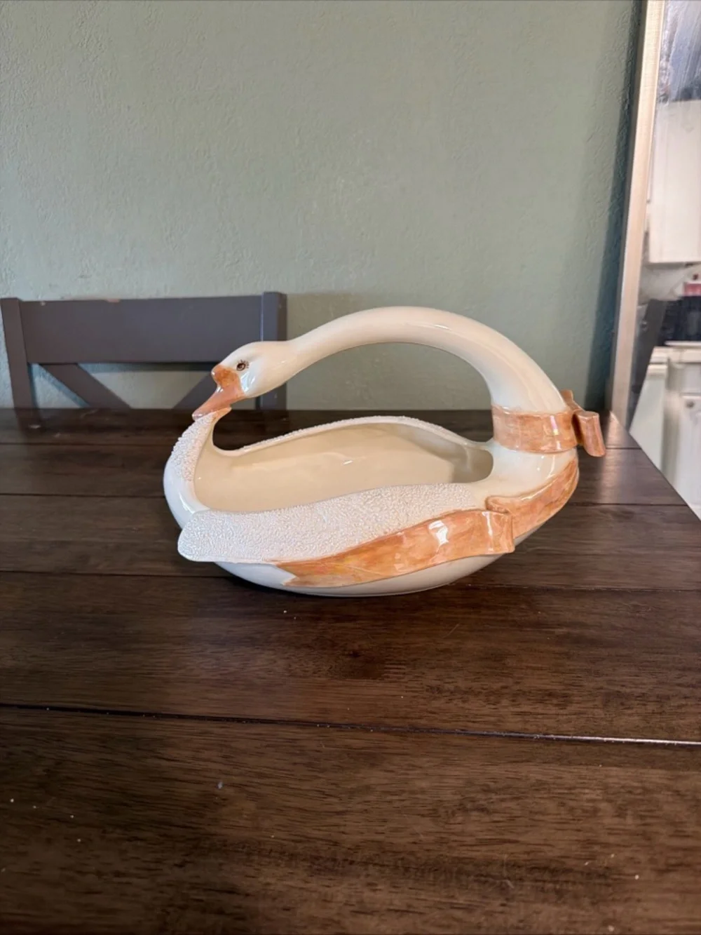 vintage Ceramic Swan Basket - planter  Cream and Peach Decorative Bowl